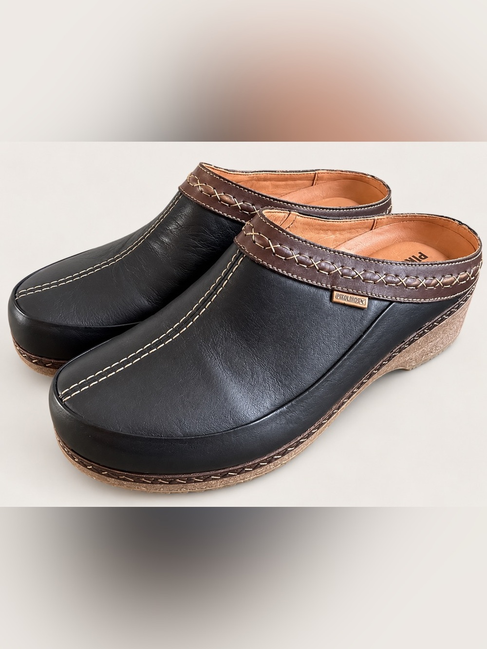PIKOLINOS Black Leather Clogs Mules Comfort Shoes Brown Trim EU 41